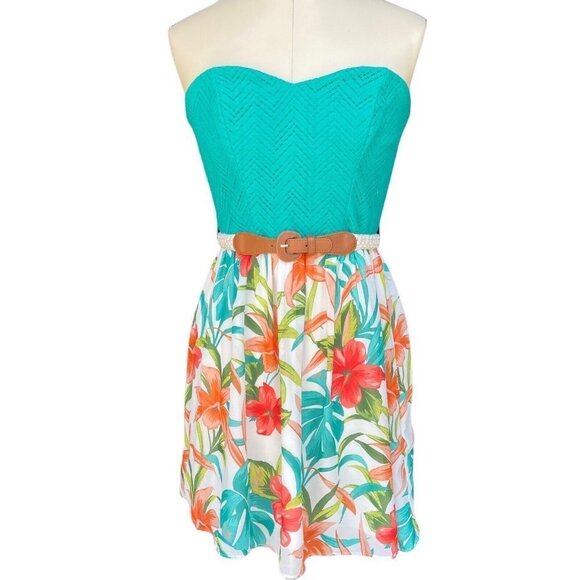CITY TRIANGLES‎ Strapless Fit & Flare Dress Size 9 Turquoise Floral Belted Mini - Picture 1 of 15